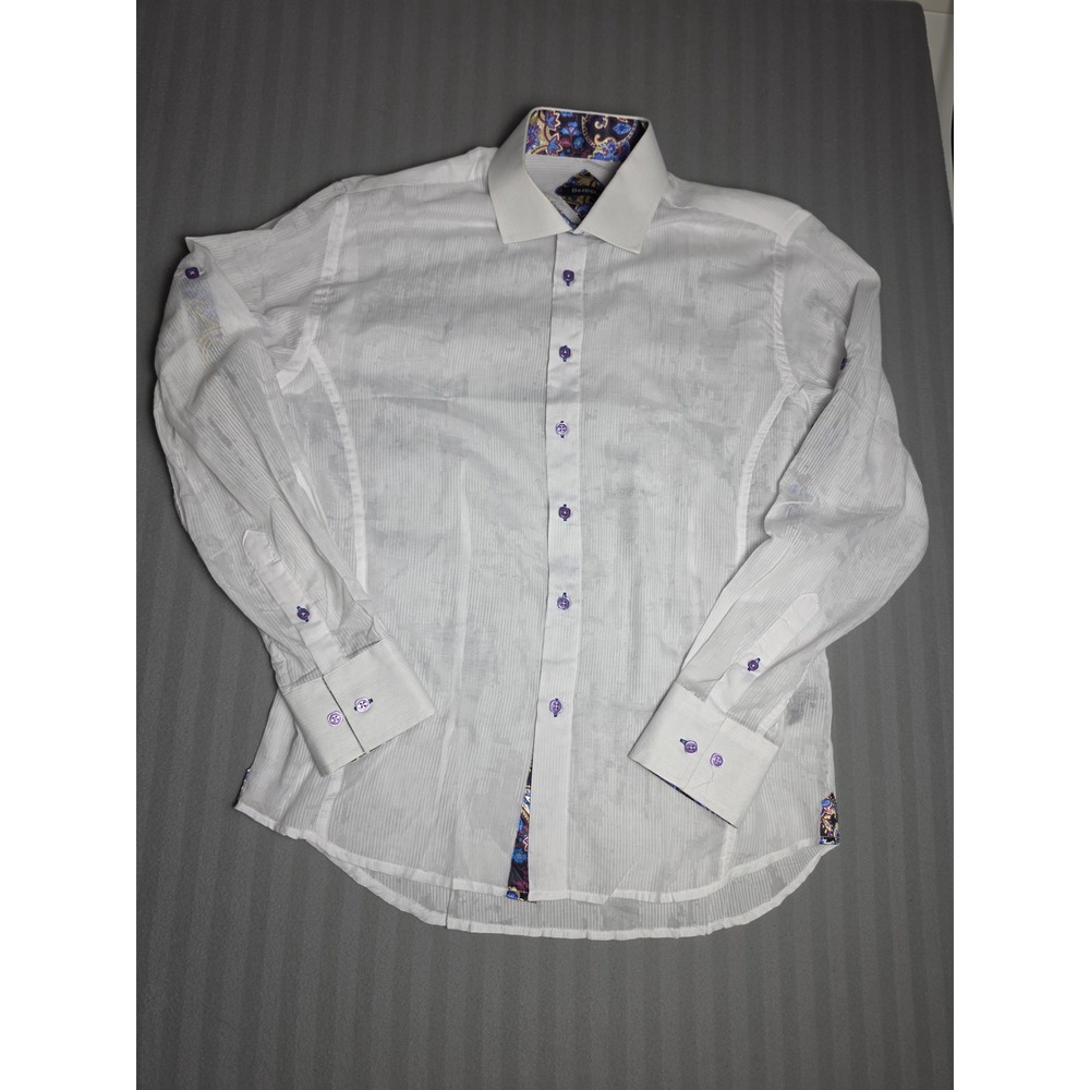 Bespoke Mens XL White Burnout Button Down Shirt Paisley Trim Roll Tab Sleeve